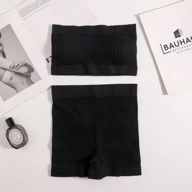 Women Seamless Bra Set Ribbed Sports Shorts Sexy Strapless Lingerie Set Nonwire Bralette Female Bandeau Underwear Set