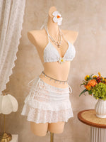 Vintage White Floral Embroidery Bikini Set 2026 Women 3D Flower Push Up Bra Pleate Skirt 3 Piece Swimsuit Bathing Suit Swimwear