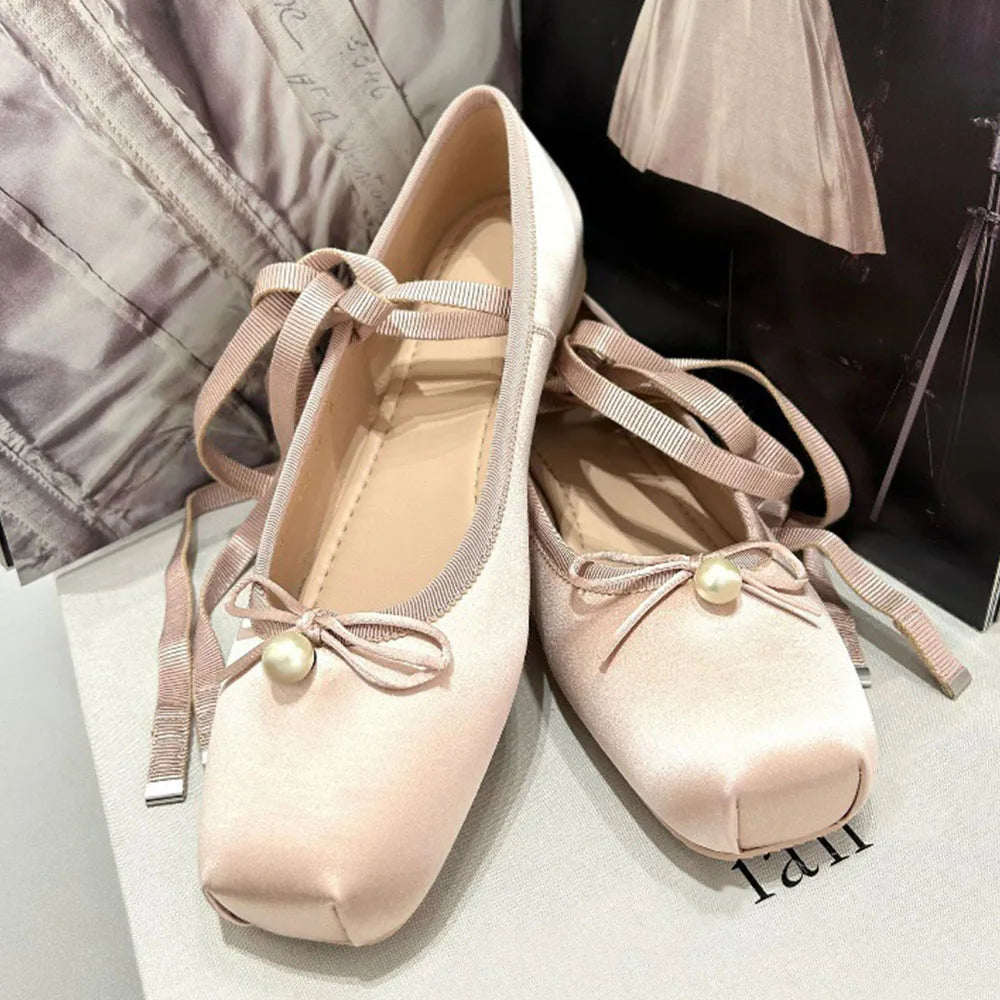 2025 Summer Cute Square Toe Ballet Flats Shoes Women with Riband Sweet Satin Slip On Comfortable sole Office Lady Daily Shoes