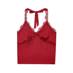 Women's Fashionable Casual Lace Halter V-Neck Double-Sided Satin Short Backless Solid Color Camisole For Woman Lace Trimmed 8BZO
