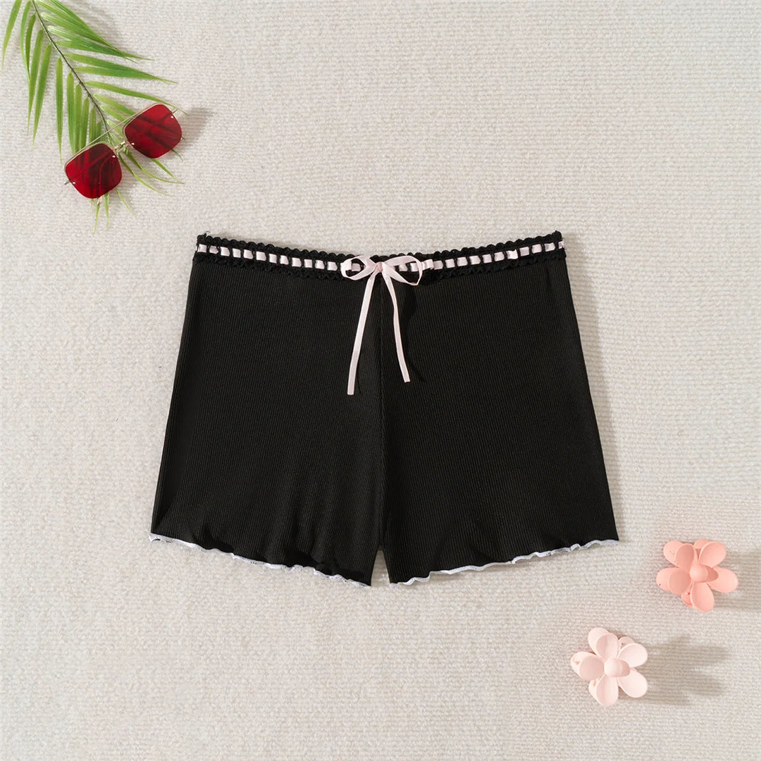 XS - L Bow Mini Shorts Ribbed Bikini Bottom Swim Brief Women Swimwear Female Bather Brazilian Tanga Panties Underwear V6538