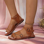 Women's Open Toe Flat Sandals Adjustable Ankle Buckle Strap Casual Summer Beach Walking Shoes Retro Brown Leather Look Sandals