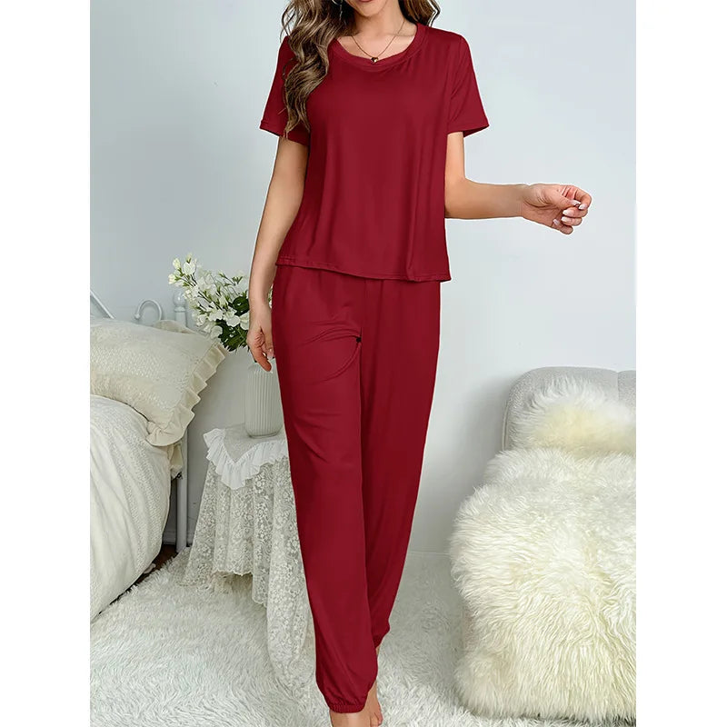 Women's Sleepwear Spring and Summer New Pajamas Women's Short-sleeved Trousers Set Classic Solid Color Casual Loungewear