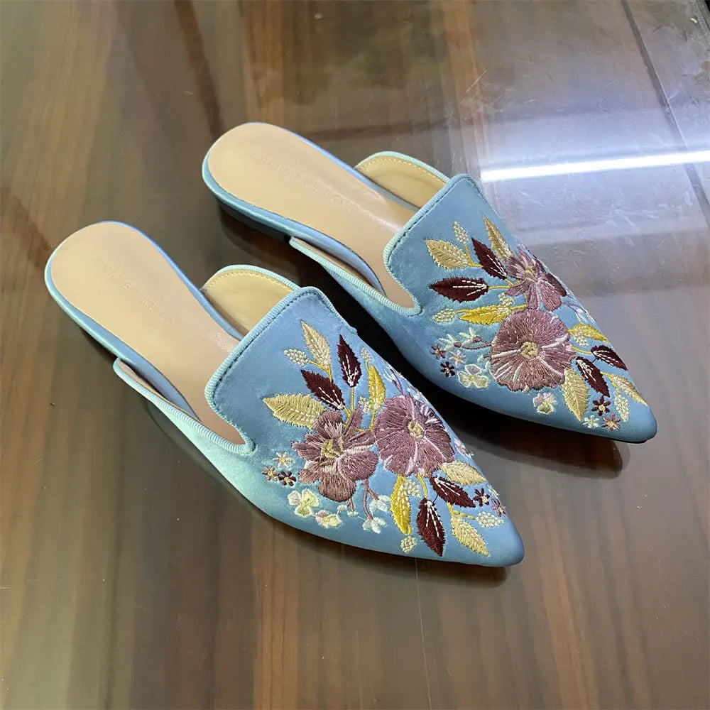 2026 Big Size 43 Summer Women's Blue Mules Slipper Sandals with Silk Flowers Embroidery Comfy Walking Slide Flat Satin Shoes