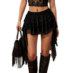 Women's Tiered Lace Ruffle Mini Skirts Asymmetric High Low Hem Gothic Skirts Elastic Waist Sexy Layered Flowy Lace Skirts Y2k