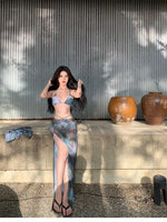 Korean Swimsuit 2025 Women Sexy Black Tie Dye Long Sleeve Cover UpLong Skirt 4 Piece Bikini Set Bathing Suit Vacation Swimwear