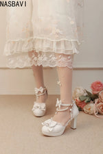 Women Girls Mary Janes 9cm High Heel Ankle Strap Pumps Sweet Chunky Buckle Princess White Sandals New Summer Large Size 33-48