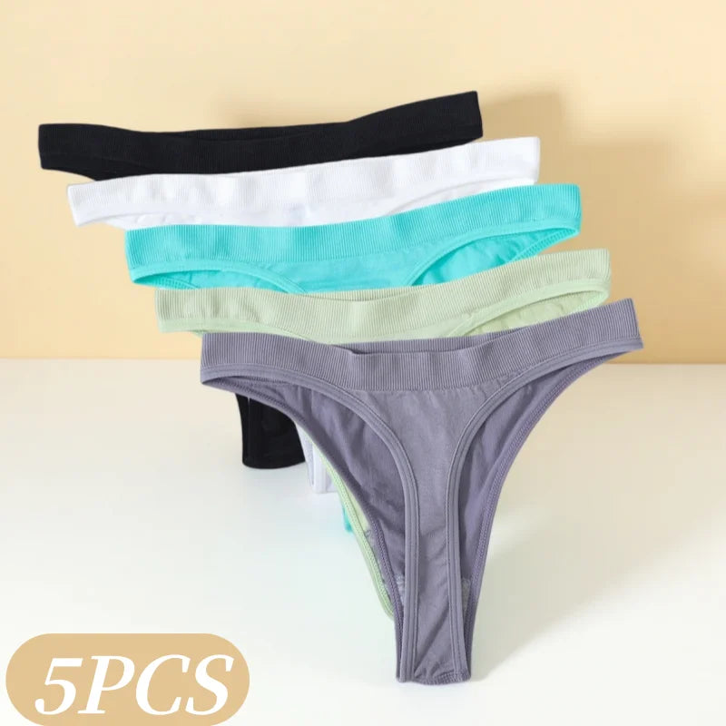 5Pcs/Set Women Brazilian Panties High Waist Thongs G-string Female Underpants Solid Color T-back Underwear Sexy Lingerie M-XL