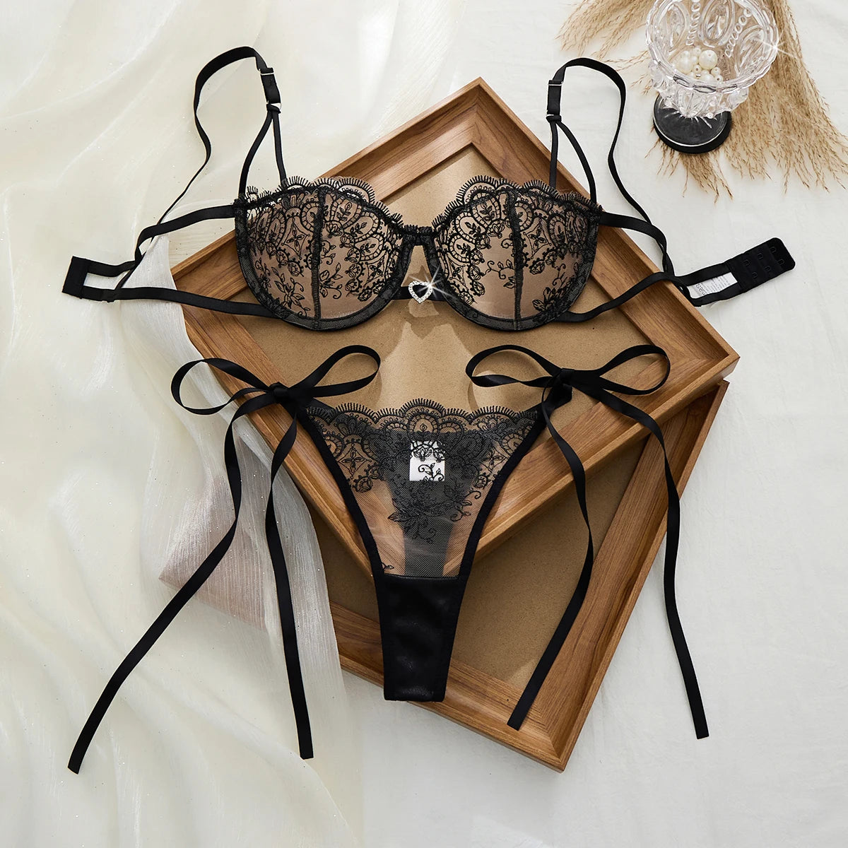 Pure black lace strap lingerie set - Sexy mature style net fabric embroidery 3/4 cup shaping bra thong set ZA825201