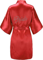 Women's Satin Kimono Robes with Rhinestones Bride Bridesmaid Short Getting Ready Wedding Dressing Gown