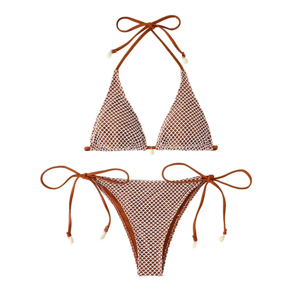 2Pcs/Set Women Bikini Set Chest Pad Push Up Halter Neck Bra Adjustable Side Straps Swimming Briefs Set Lady Mesh Summer Swimwear