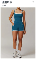 Yoga Shorts Sets Fake Two Piece Hanging Neck Shockproof Vest High Waist Pants Fitness Suit Breathable Women's Tight Sports Set