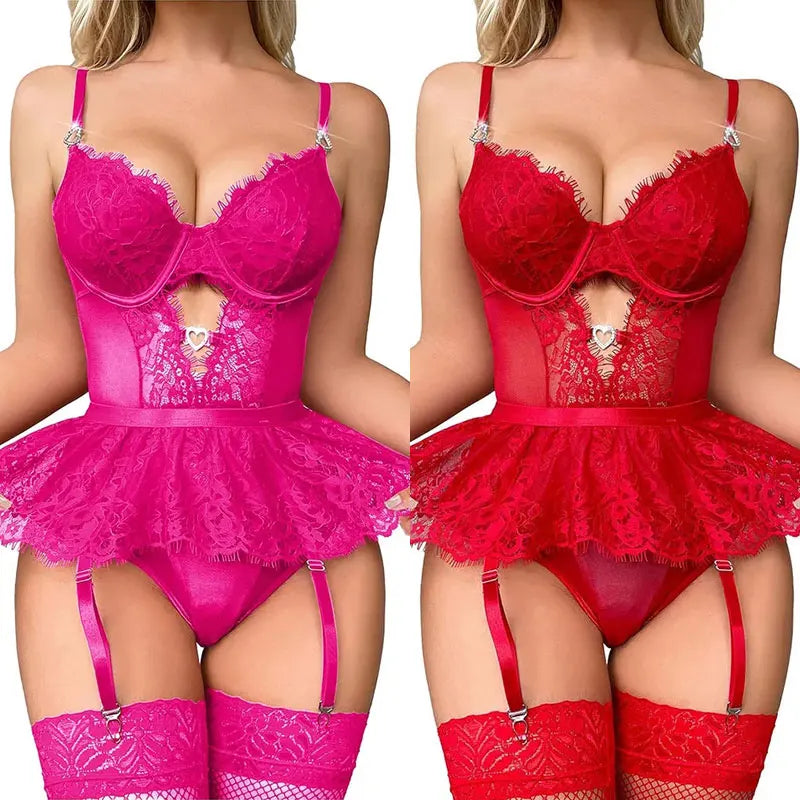 Underwire Bra Lingerie Women's Mesh Steel Ring Bra Lace Garter Belt Thong Sexy Set Erotic Underwear Suits Sissy