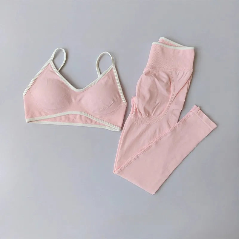2PCS High Waisted Sports Bra Set with Contrasting Small Suspender Tight Fitting Hip Lifting Training Bra And Pants