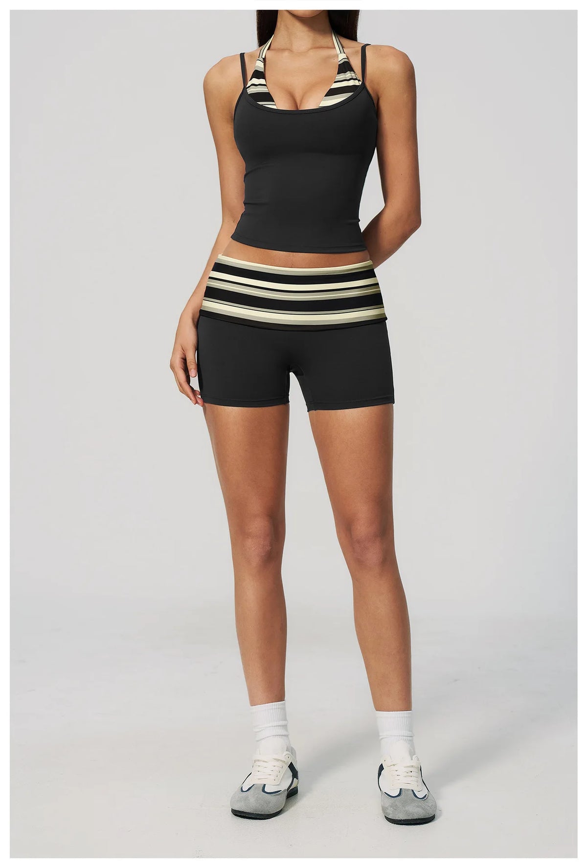 Quick Drying Polka Dot Patchwork Yoga Sets Women Hanging Neck Slim Shockproof Sports Tank Top Gym High Waist Shorts Fitnss Suit
