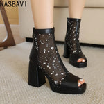 White Polka Dot Mesh Peep Toe Chunky Block Heel Platform Back Zipper Ankle Sandal Boots for Women