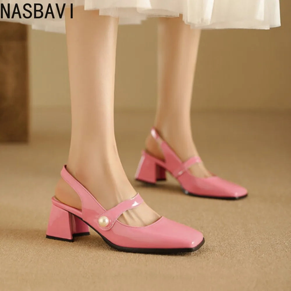 Elegant Slingback Sandals Women Summer Shoes Pink Black Silver Medium Heels Close Toe Office Party Shoes Female Large Size 45