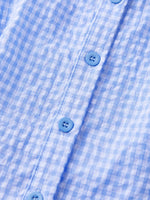 Women Plaid Shirts Button Down Puff Short Sleeve Lapel Neck Tops Fashion Slim Fit Ruffle Trim Blouses Summer