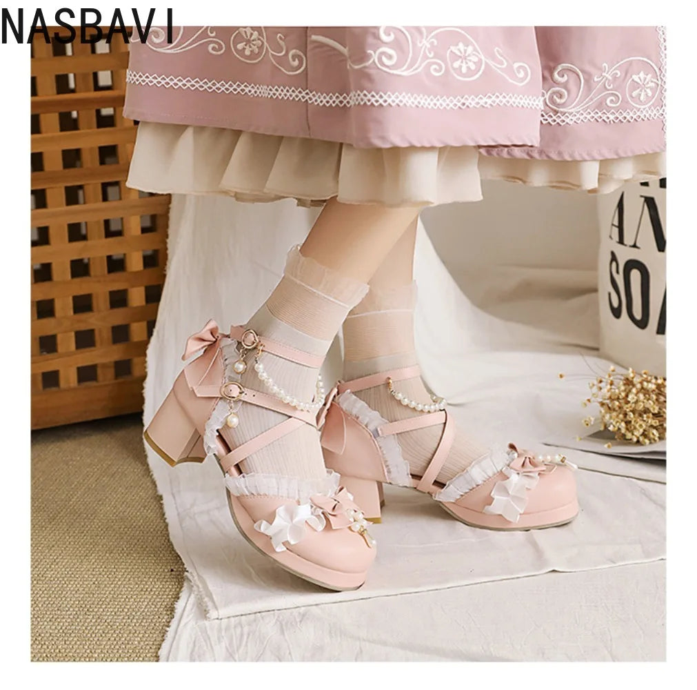 New Women Summer Leather Shoes Thick Square Heeled Sandals Marty Lolita Princess Ankle Shoes Large Size 45 46 47 48 Black White