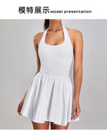 Summer Sleeveless Halter Slim Tennis Dress Women Sexy 2-in-1 Hollow Backless Golf Sports Dresses Outdoor Running Fitness Skirt