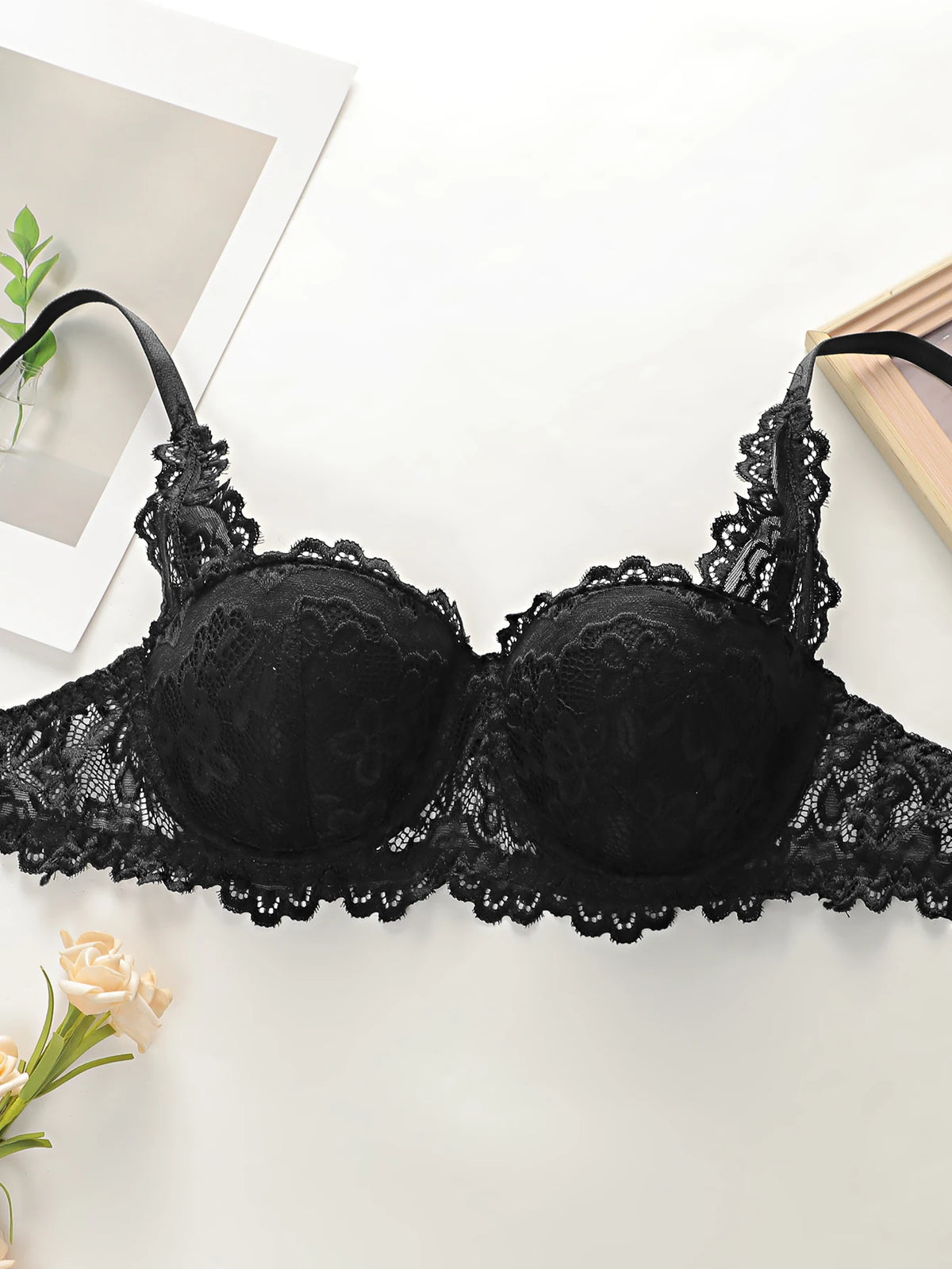 Women's New Black Lace Bra With Steel Rims, Lifting Bra, Underwear, Hip Lifting Triangle Underwear Set B1111PRO