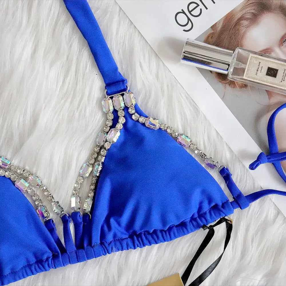 3 Colors Sexy Bikini Women Rhinestone Chain Swimwear Swimsuit Halter Bikinis Set Bathing Suit Beach Holiday Bikini Luxe Female
