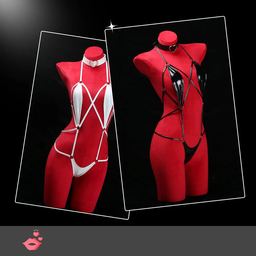 Women Patent Leather Harness Lingerie with Heart Choker Open Back Crotch Less Erotic Bodysuit Intimate Club Wear for Night Party