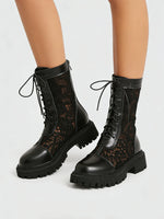 2026 New Big Size 45 Chic Black Lace Mesh Summer Boots Women Round Toe Square Heels Shoelace Zip-up Mid-calf Boots Shoes
