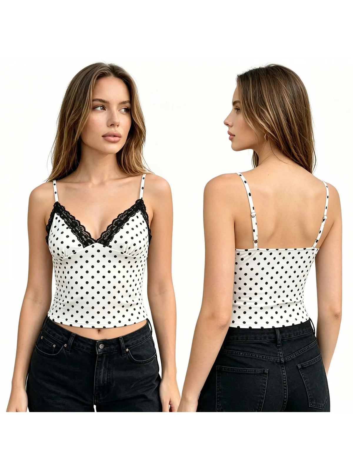 Women Retro Stylish Camis Dots Print Lace Trim Sleeveless V Neck Slim Fit Tank Tops Spaghetti Strap Vest Summer Daily Casual