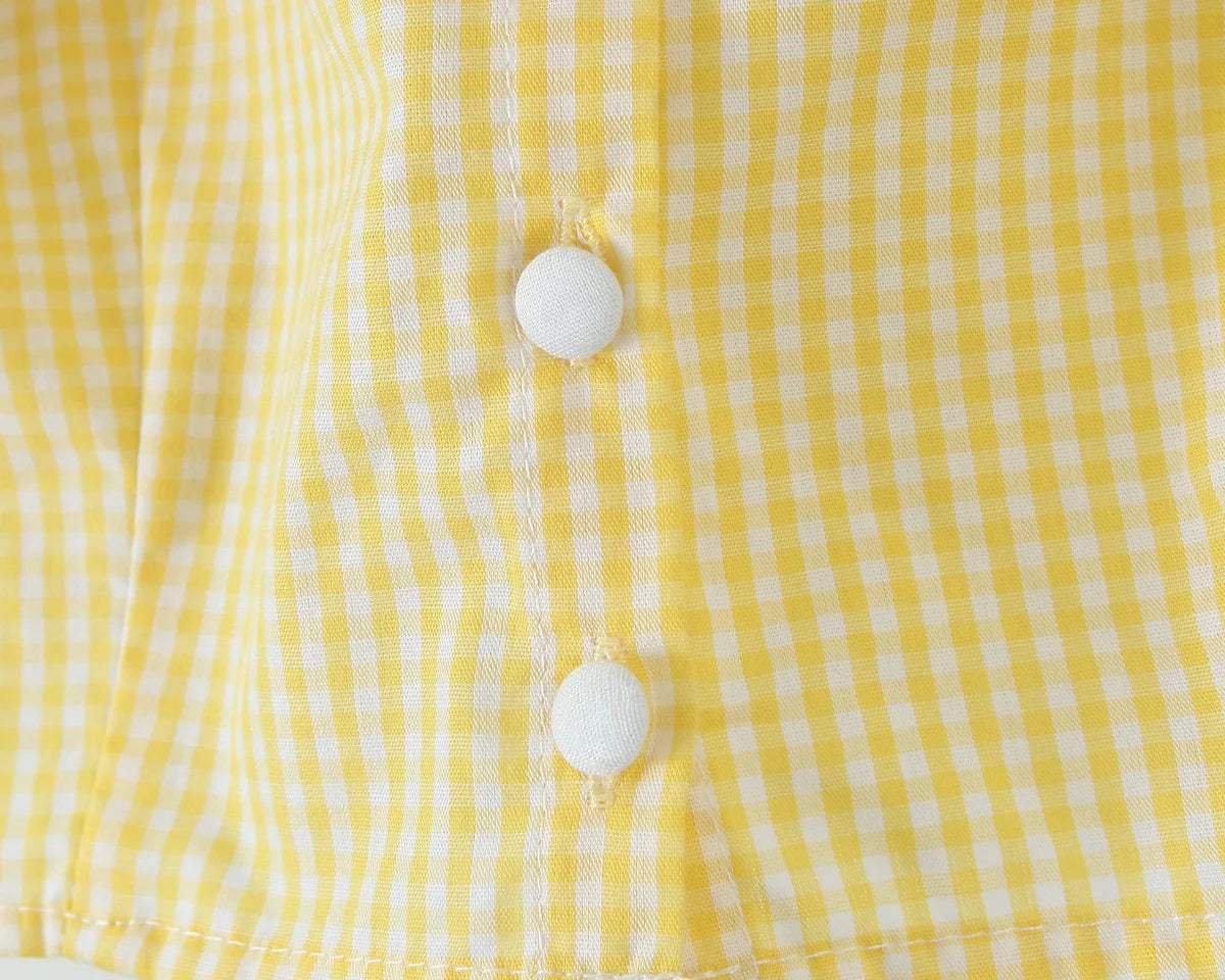 Foridol Gingham Printed Yellow Women Summer Dress Set Lace Top+skirt Sets Vintage French Style Midi Dress Oufits Plaid Vestidos