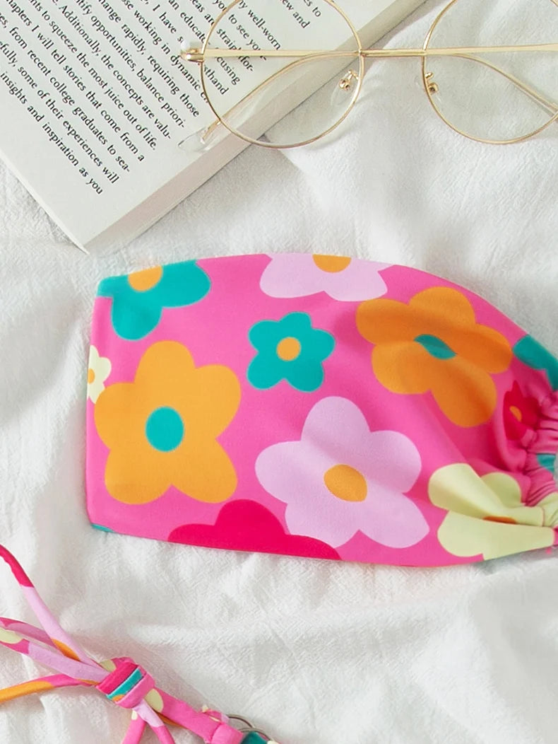Sexy Bandeau Bikini 2025 Women Pink Floral Print Ring Circle Push Up Micro Swimsuit Off Shoulder Bathing Suit Thong Swimwear