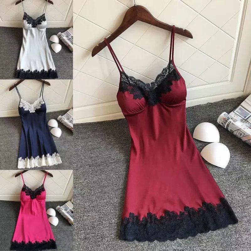 Sexy WomenSilk Robe Dress Nightdress Soft Lace Casual Nightgown Straps Sleepwear Nightdres