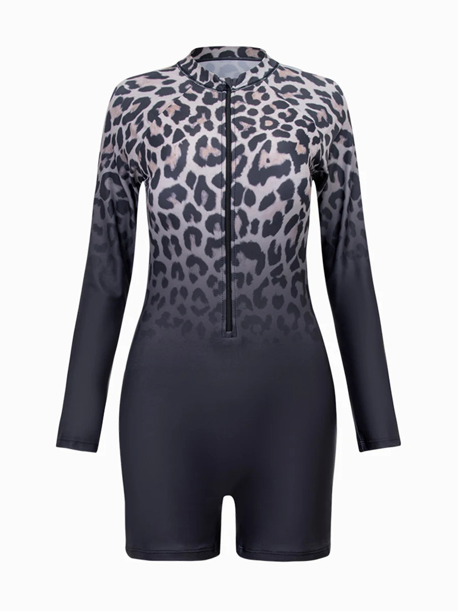 2026 Zipper Rushguard Long Sleeve Surfing Swimsuit Women One Piece Leopard Swimwear Female Bather Bathing Swimming Swim Suit XXL