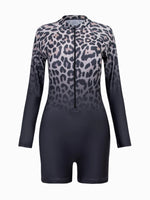2026 Zipper Rushguard Long Sleeve Surfing Swimsuit Women One Piece Leopard Swimwear Female Bather Bathing Swimming Swim Suit XXL