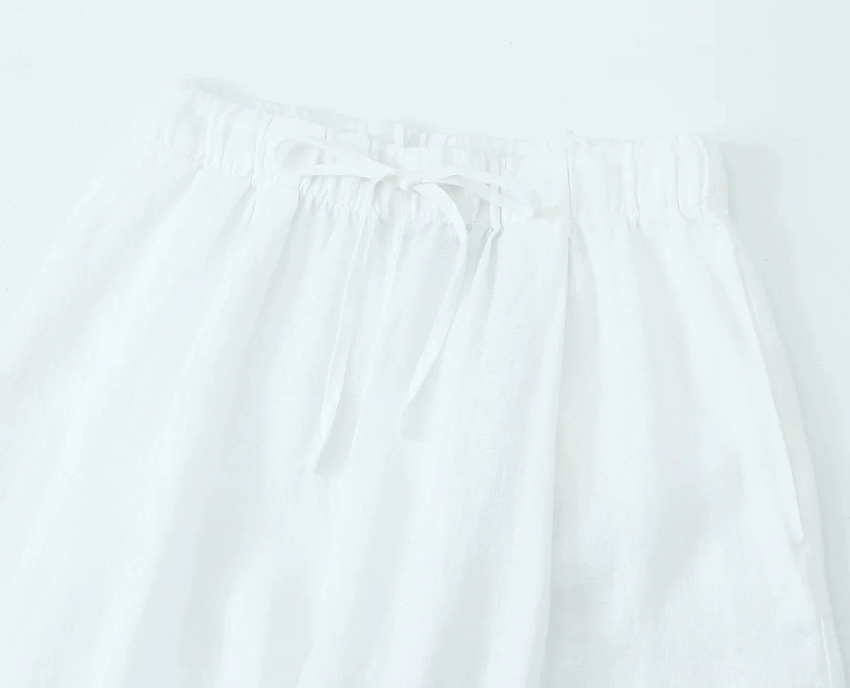 Foridol Cotton Linen White Long Pants Women Spring Summer Casual Wide Leg Pants Pantalones Elastic Waist Sash New Female Pants