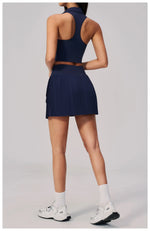 Women's Tracksuit Yoga Set 2 Pieces High Waist Pleate Pocket Skort Fitness Suit Turn Down Collar V Neck Slim Tank Top Sporstwear
