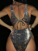 Golden Glitter Deep V Neck Female Swimwear One Piece Swimsuit Women Backless Monokini High Leg Cut Bathing Suit Swim Beachwear