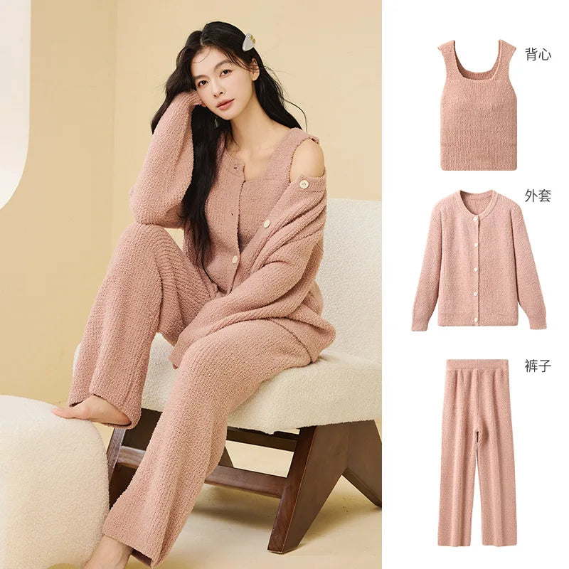 Women Autumn Winter Korean Style 3 Piece Camisole Pajama Set New Soft Half Velvet Elegant Wearable Outside Loungewear Sleepwear