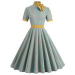 Retro Women's Plaid Dress Stand Neck Short Sleeve Cotton Dresses Lace Up Bow Tie Pleated Swing Vestidos Vintage Court Dresses