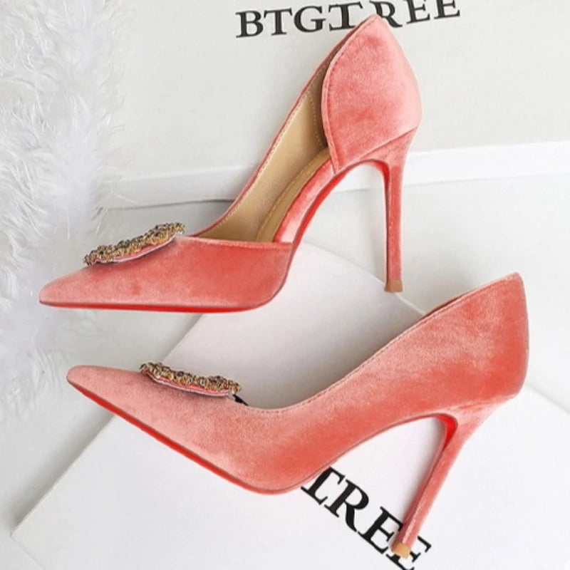 Women 10cm Super High Heels Pointed Toe Side Hollow Work Pumps Metal Crystal Buckle Velvet Stiletto Fashion Banquet Lady Shoes