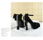 BIGTREE Women's Pointed Toe High Heels Back Bowknot Elegant Flock Ankle Strap Pumps for Women Black Dress Shoe Wedding Party