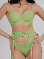 Sexy Lingerie Set with Garter Belt Corset Panty Outfits Mesh No Padding Underwire Sheer Bra and Panty 3 Pcs