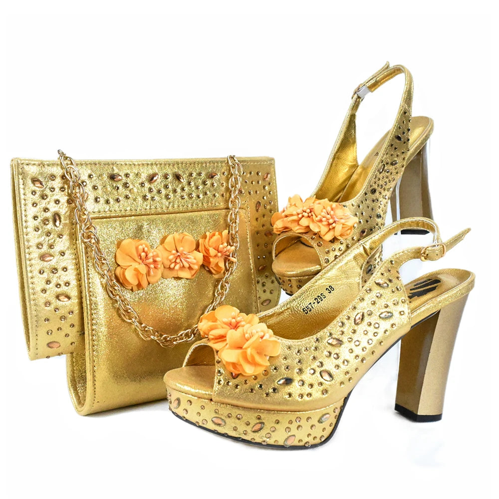 Doershow New Arrival African Wedding Shoes and Bag Set gold Color Italian Shoes with Matching Bags Nigerian lady partyHJK1-14