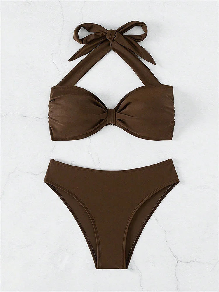 Sexy Front Tie Bikini Set Women Brown Halter Push Up Padded Micro Swimsuit 2025 Summer Bathing Suit High Waist Swimwear Biquini