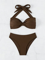 Sexy Front Tie Bikini Set Women Brown Halter Push Up Padded Micro Swimsuit 2025 Summer Bathing Suit High Waist Swimwear Biquini