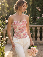 Women's floral print strapless shapewear, breathable mesh crop top with back tie, boning corset, tight-fitting bodysuit.