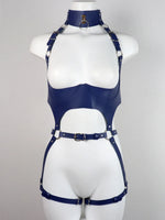 PU Leather Bondage Women Harness Outfit Adjustable Strappy Costume with Buckle Belt Thigh Straps Gothic Halloween Costume Set