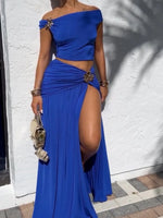 Summer Skirt Set Women Metal Flower Sexy Off Shoulder Slim Crop Top High Slit Skirt Sets Fashion Backless Pleated 2 Piece Suits