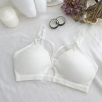 Women Ribbed Knit Bra Front Cutout V Neck Wireless Bralette Fixed Thin Spaghetti Straps Underwear Skin-Friendly Cotton Inner Top