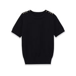Fashion Casual Short-sleeve Knit Top With Black Short Sleeve Knit Top Gold Button Detail Round Neck Slim Fit Casual Sweater GRQ4